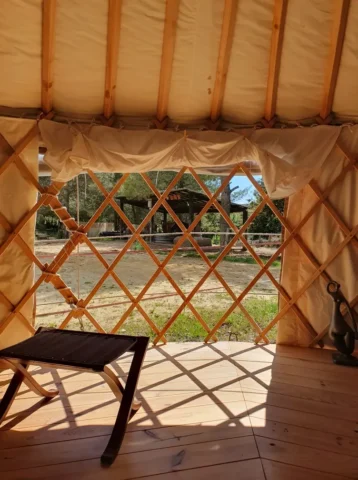Vue de la fenêtre de la yourte avec vue sur l'abris des chevaux